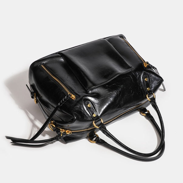 French Style Slouchy Genuine Leather Crossbody Tote Bag