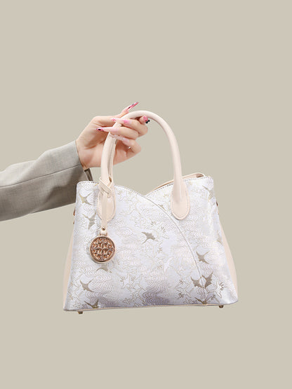 Elegant Flying Crane Motif Vegan Eco-Leather Tote Clutch Bag with Hollow Metal Charm