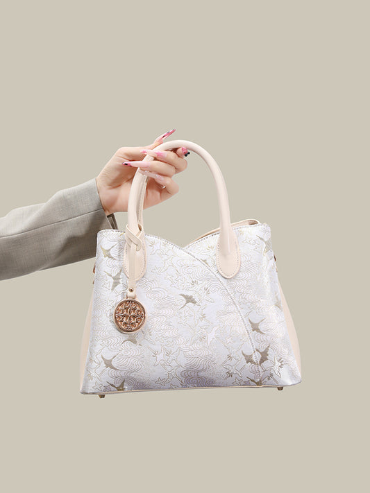 Elegant Flying Crane Motif Vegan Eco-Leather Tote Clutch Bag with Hollow Metal Charm