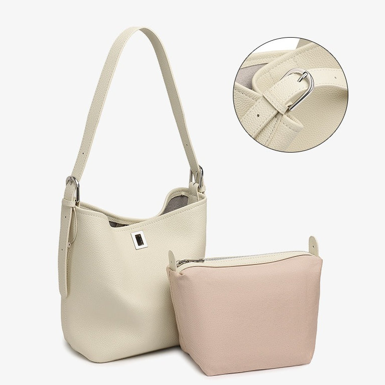 Sculpted Genuine Leather Medium Bucket Bag with Clean Linear Topstitching