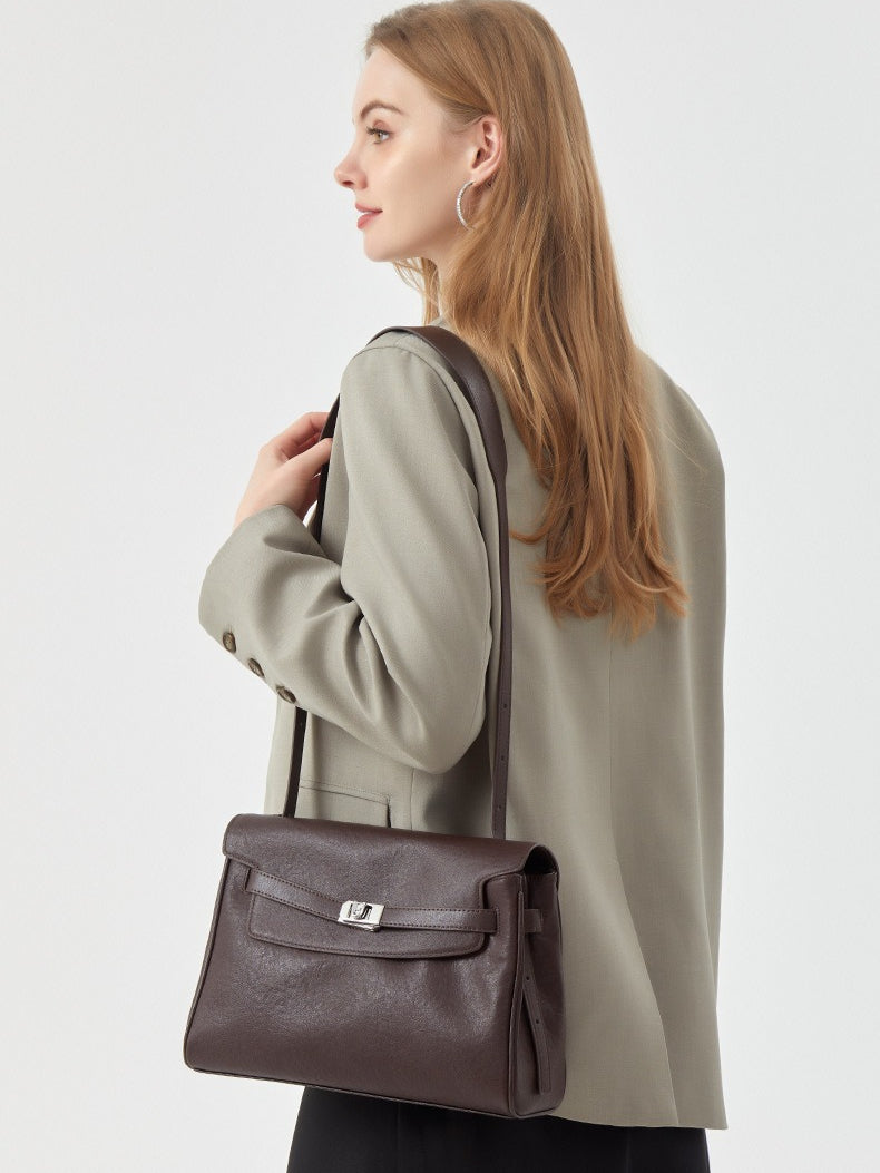 Vintage Lock-Accent Satchel Crossbody Genuine Leather Bag