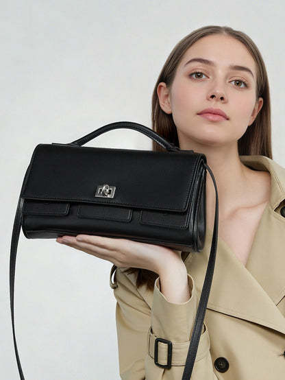 The Linear Turn-Lock Genuine Leather Bag | Minimalist East-West Handbag