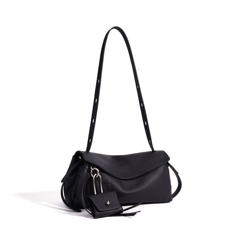 Sculptural Slouchy Genuine Leather Flap Clutch Bag with Mini Coin Pouch