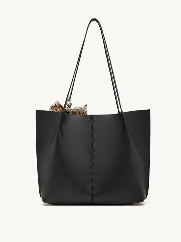 Parisian Chic Genuine Leather Bag - Minimalist Large Tote with Silk Scarf Accent