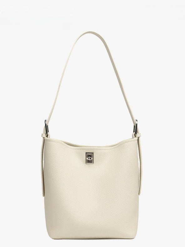 Sculpted Genuine Leather Medium Bucket Bag with Clean Linear Topstitching