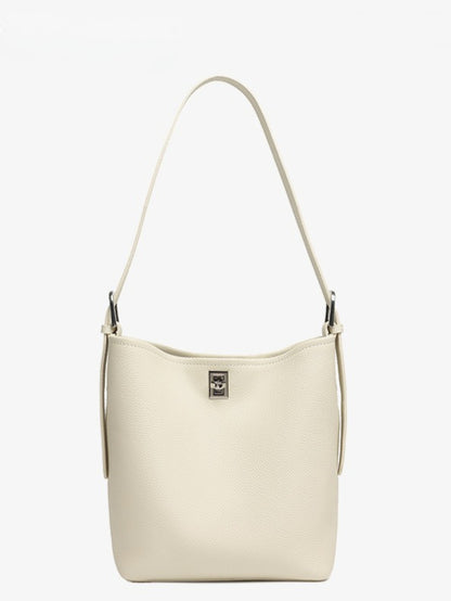Sculpted Genuine Leather Medium Bucket Bag with Clean Linear Topstitching