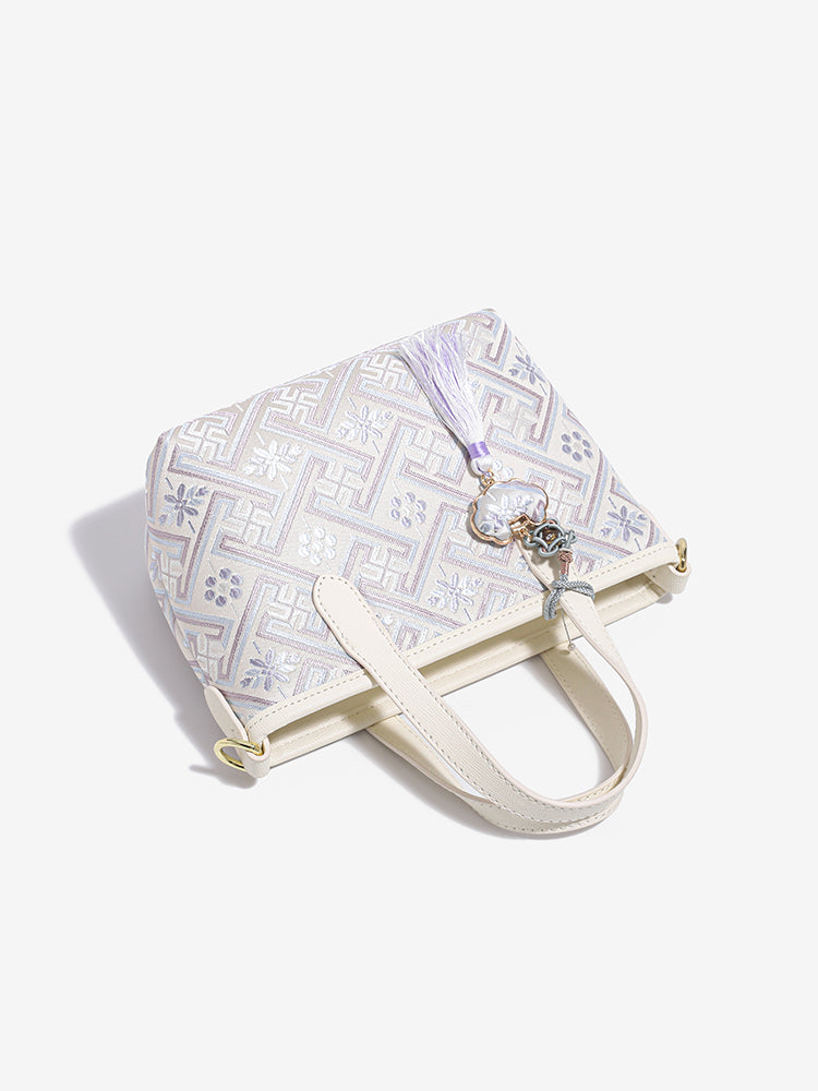 Mellow Oriental Jacquard Vegan Eco-Leather Tote Clutch Bag with Tassel Charm