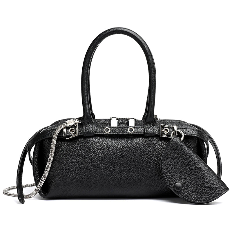 Refined Genuine Leather Petite Boston Clutch Bag with Mini Pouch