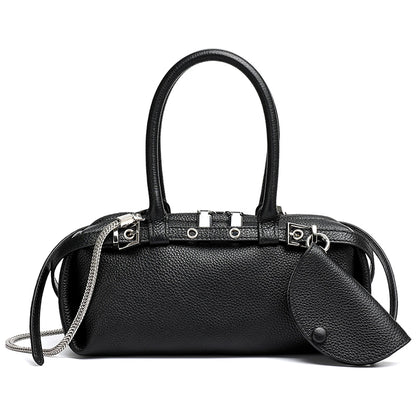 Refined Genuine Leather Petite Boston Clutch Bag with Mini Pouch