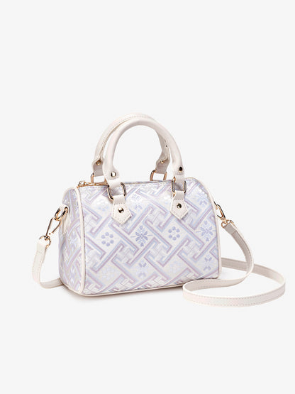 Refined Oriental Brocade Motif Vegan Eco-Leather Boston Clutch Bag