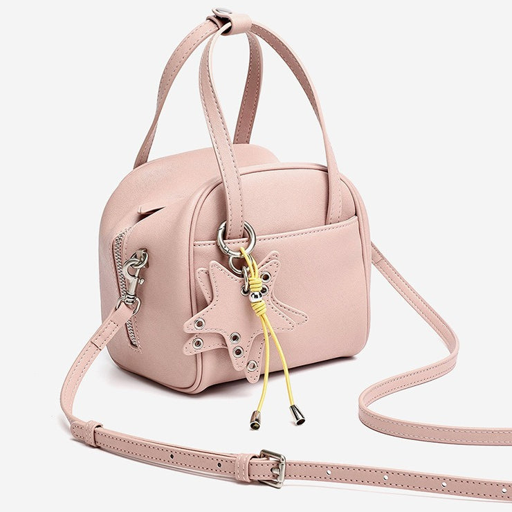 Chic Petite Genuine Leather Mini Boston Clutch Bag with Playful Star Charm