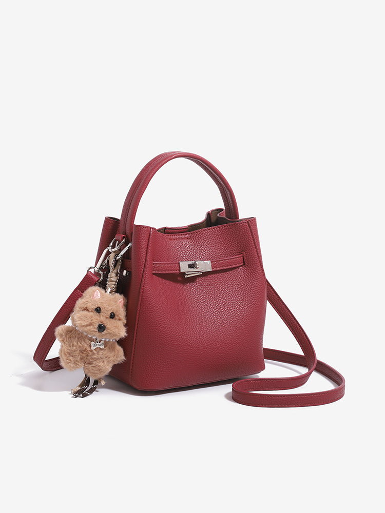 Minimalist Vegan Eco-Leather Mini Bucket Clutch Bag with Lovely Dog Charm