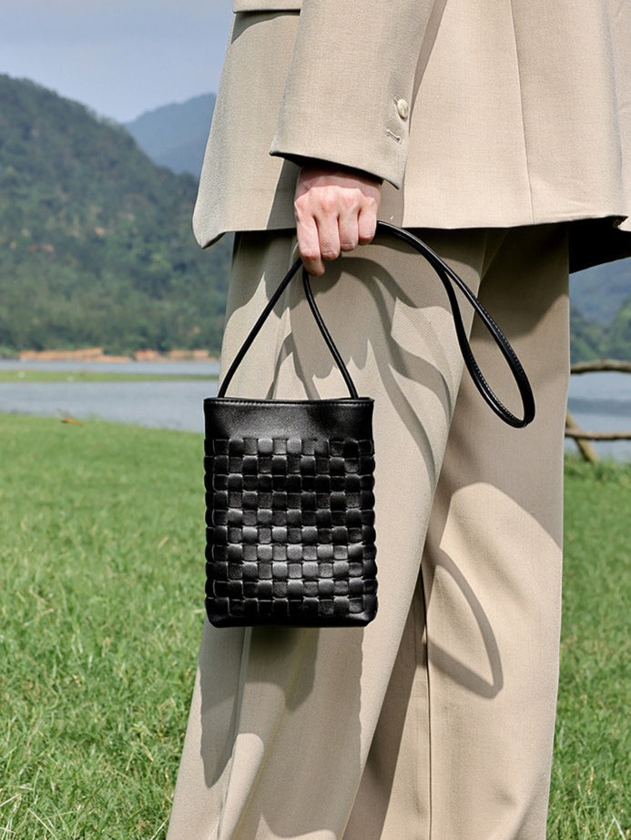 Mellow Sheepskin Leather Mini Woven Phone Clutch Bag