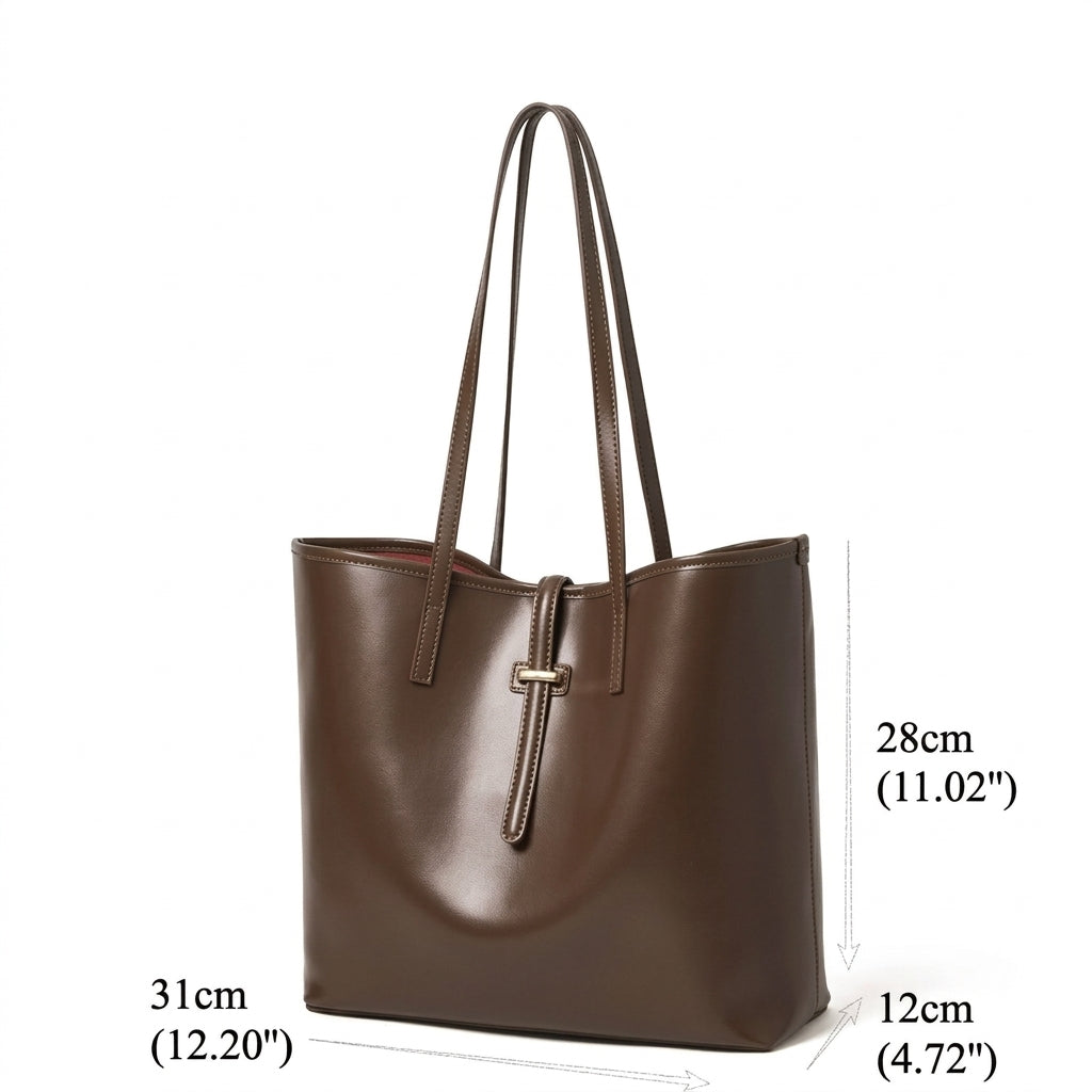 Set di ampie borse tote semplici in vera pelle, minimaliste, da spalla