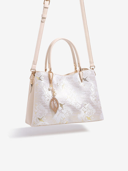 Sophisticated Oriental Jacquard Vegan Eco‑Leather Clutch Bag with Leaf Charm