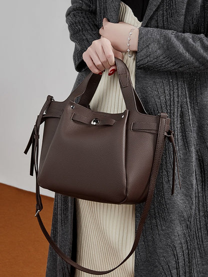The Pebbled Genuine Leather Mini Bucket Tote Bag with Turn-Lock Closure