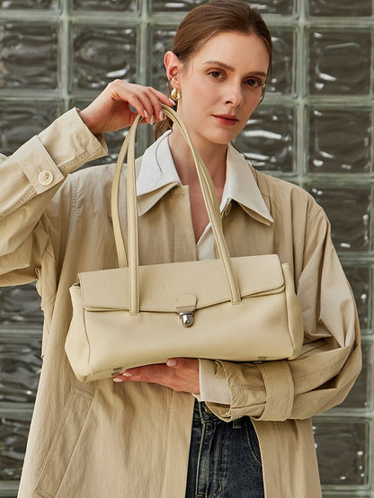 Sleek Pebbled Grain Texture Flap Genuine Leather Tote Clutch Bag