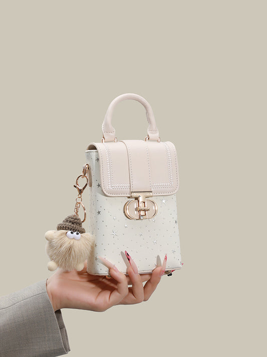Romantic Star Vegan Eco-Leather Flap Mini Phone Handbag with Fluffy Charm