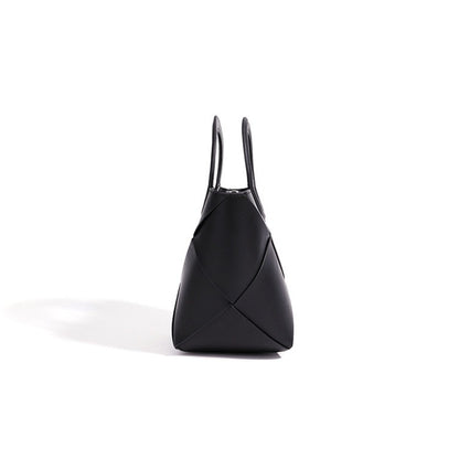 Refined Geometric Woven Genuine Leather Mini Bucket Clutch Bag