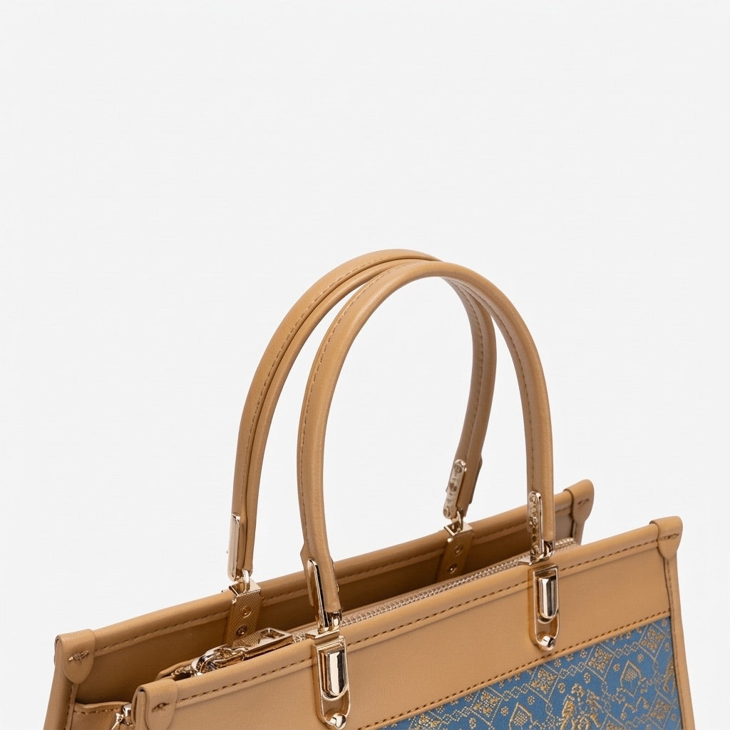 Ornate Geometric Golden Elephant Motif Vegan Eco-Leather Satchel Clutch Bag