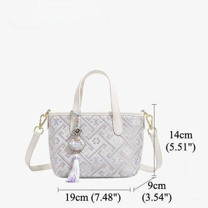 Mellow Oriental Jacquard Vegan Eco-Leather Tote Clutch Bag with Tassel Charm