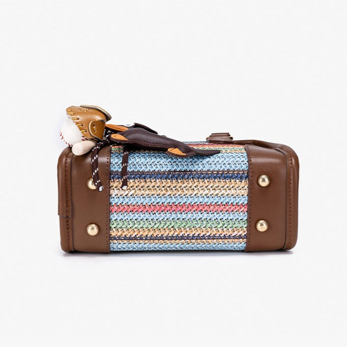 Vivacious Rainbow Striped Vegan Eco-leather Boston Clutch Bag with Cute Dachshund Charm