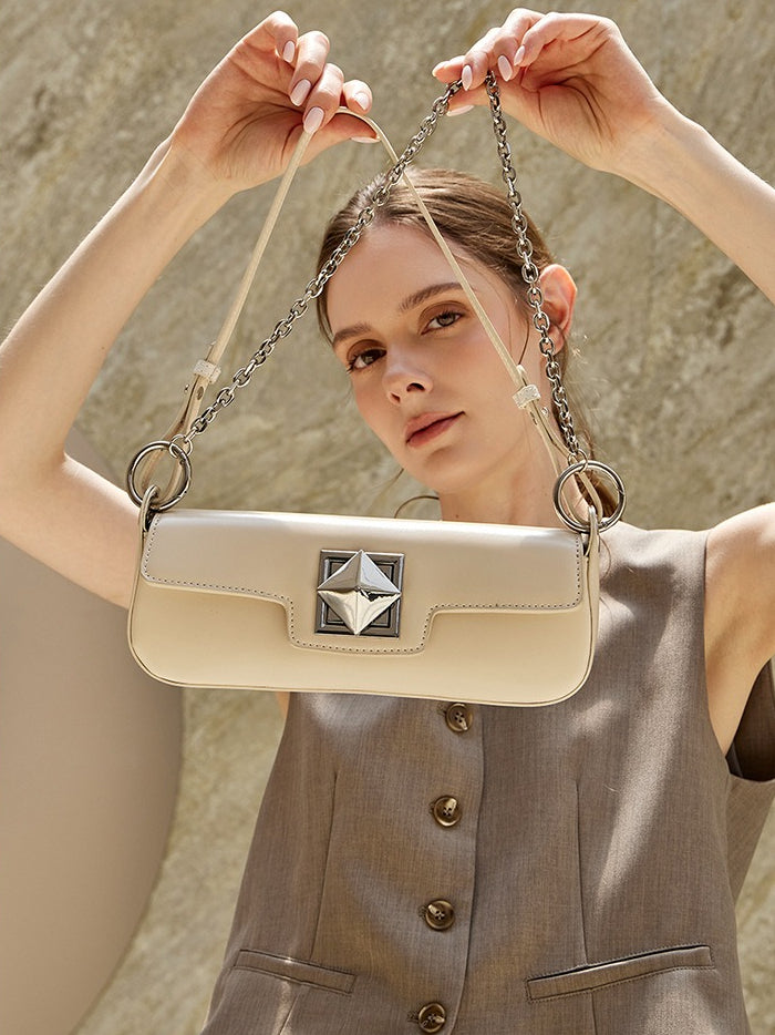 Minimalist Smooth Genuine Leather Silver Buckle Baguette Bag