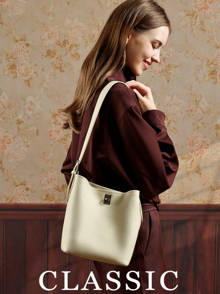 Sculpted Genuine Leather Medium Bucket Bag with Clean Linear Topstitching
