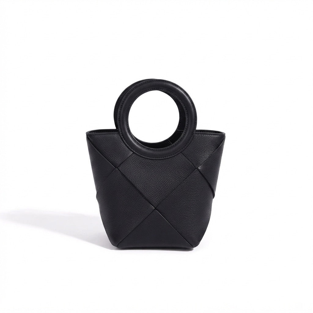 Refined Geometric Woven Genuine Leather Mini Bucket Clutch Bag