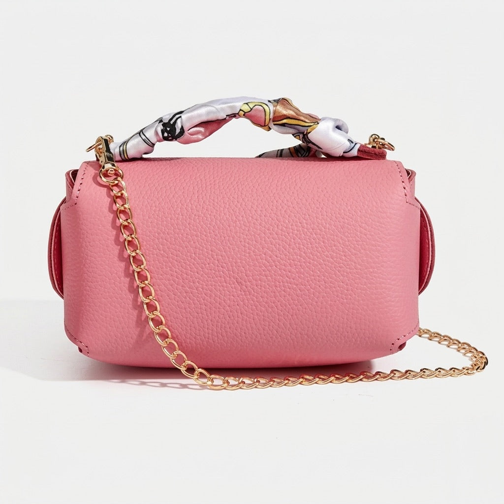 Borsa elegante retrò a spalla e tracolla in vera pelle con catena e foulard di seta