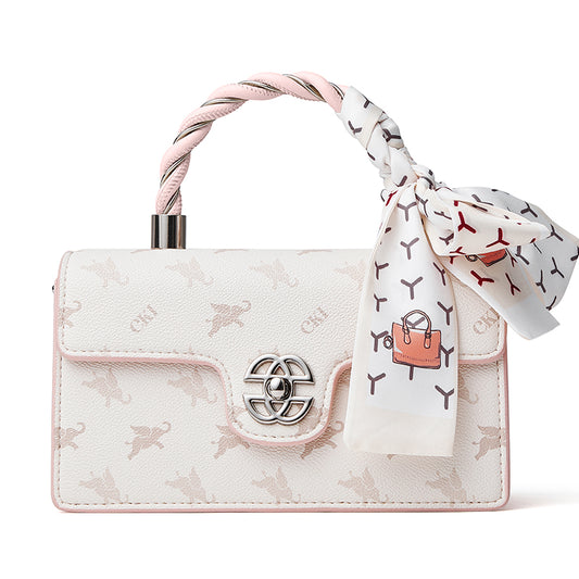 Sac bandoulière rétro en cuir véritable avec décoration foulard