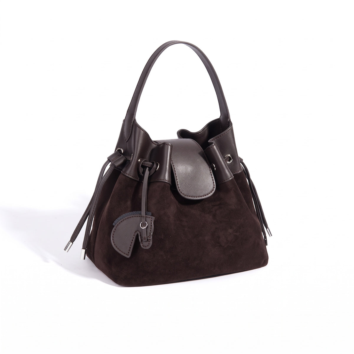 Sac seau chic en cuir suédé avec cordon de serrage et breloque cheval