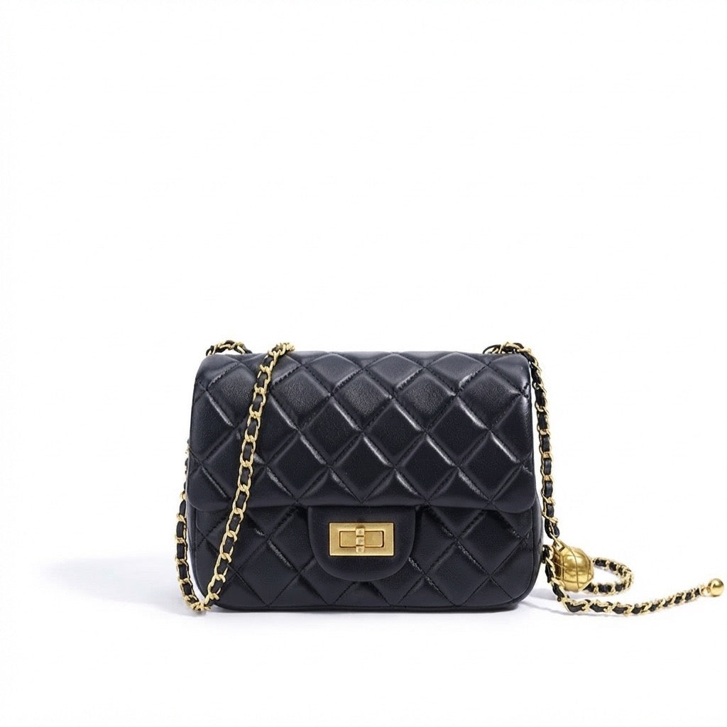 Timeless Petite Sheepskin Leather Quilted Flap Clutch Bag with Golden Ball Chain