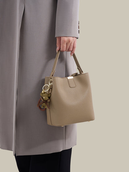 Minimalist Pebbled Vegan Eco-Leather Bucket Clutch Bag with Bear Charm