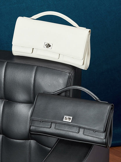 The Linear Turn-Lock Genuine Leather Bag | Minimalist East-West Handbag