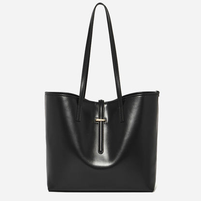 Spacious Plain Genuine Leather Tote Set Minimalist Shoulder Bag