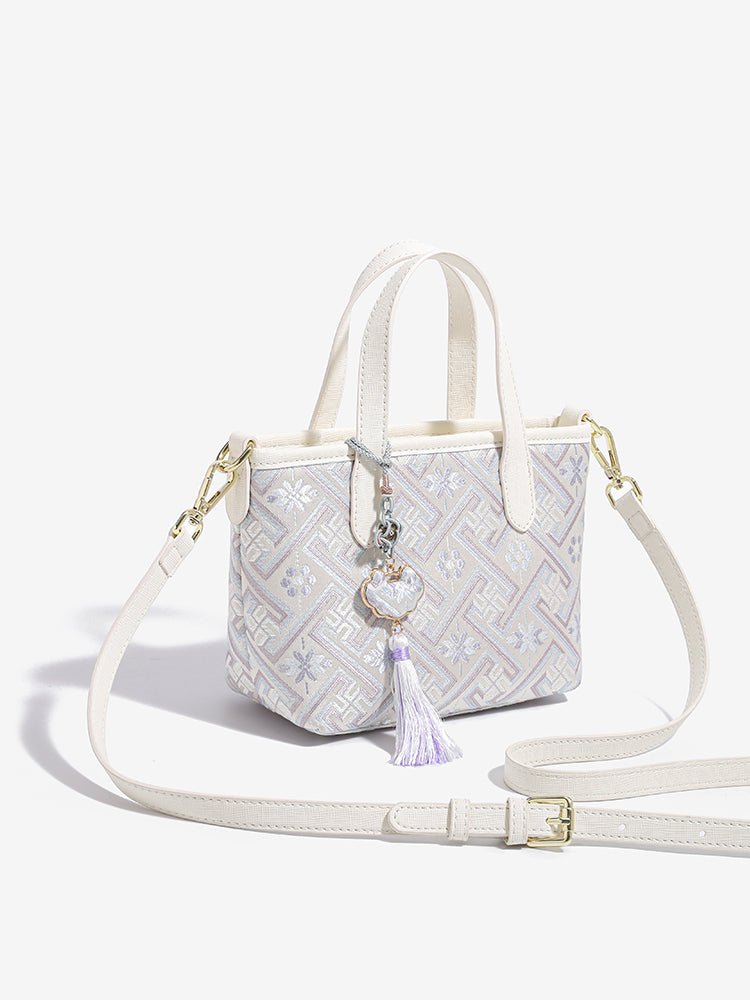 Mellow Oriental Jacquard Vegan Eco-Leather Tote Clutch Bag with Tassel Charm