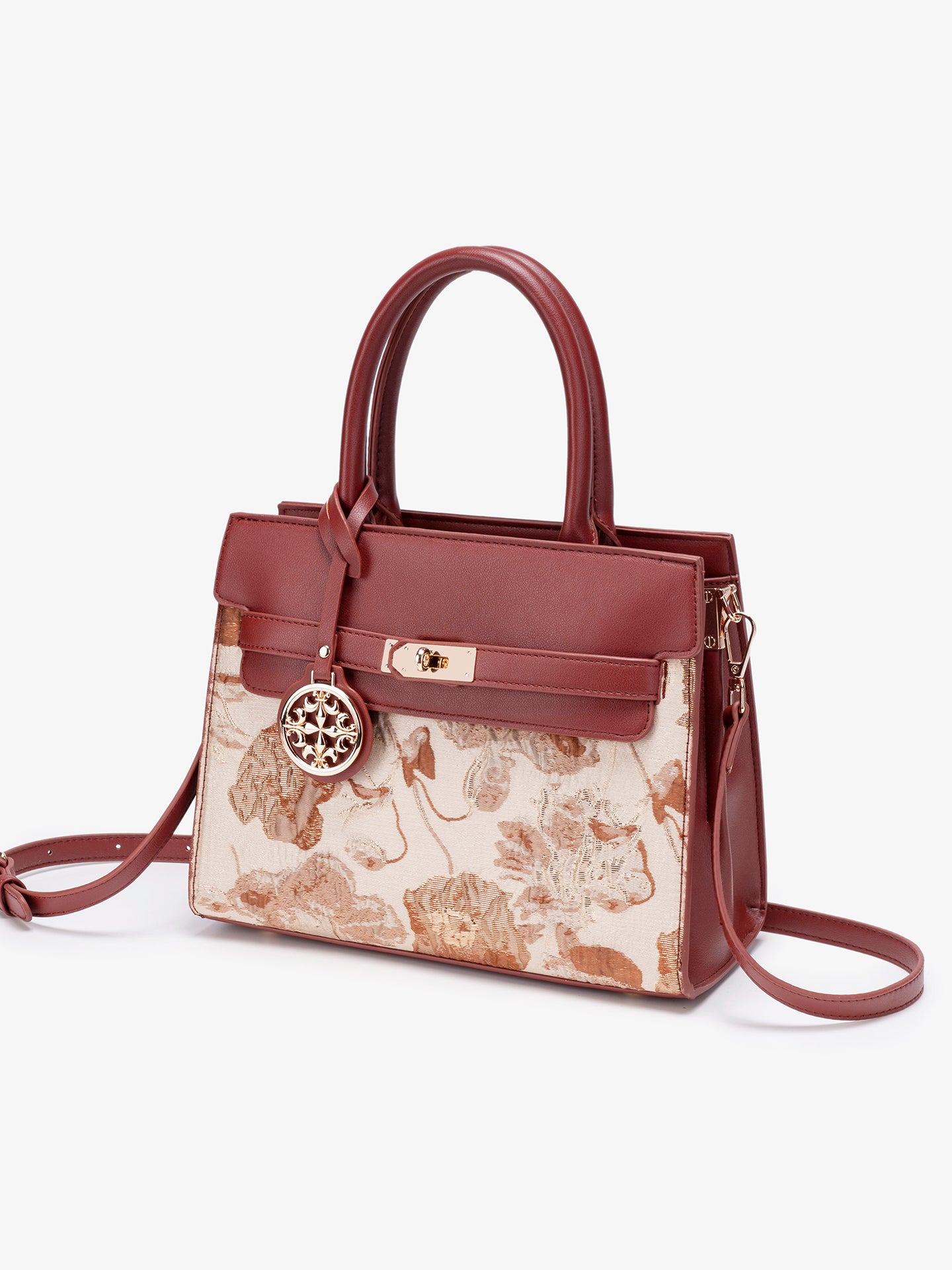 Classic Floral Vegan Eco-Leather Tote Clutch Bag with Metal Ornament Charm