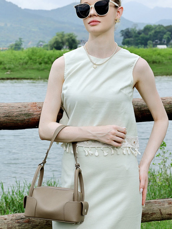 Architectural Pebbled Genuine Leather Boston Clutch Bag