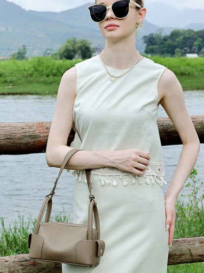 Architectural Pebbled Genuine Leather Boston Clutch Bag