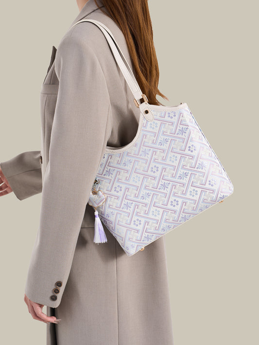 Refined Brocade Vegan Eco-Leather Tote Clutch Bag with Intricate Tassel Charm