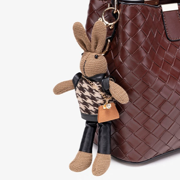 Retro Woven Vegan Eco-Leather Bucket Clutch Bag With Stuffed Bunny Charm
