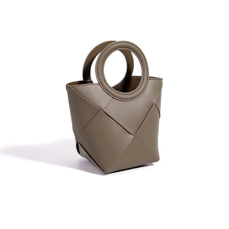 Refined Geometric Woven Genuine Leather Mini Bucket Clutch Bag