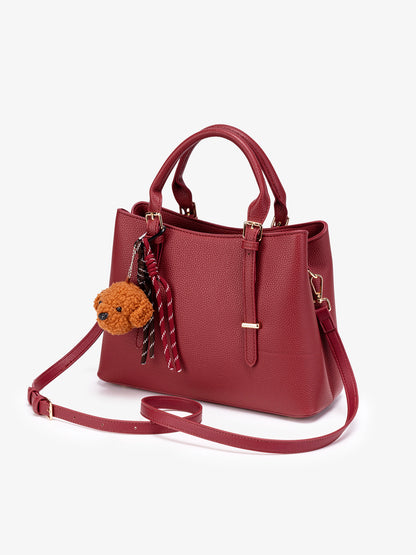 Polished Pebbled Vegan Eco-Leather Tote Clutch Bag With Teddy Charm