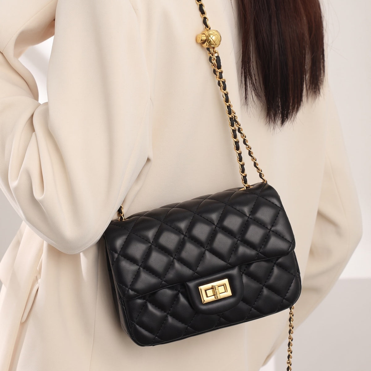 Timeless Petite Sheepskin Leather Quilted Flap Clutch Bag with Golden Ball Chain