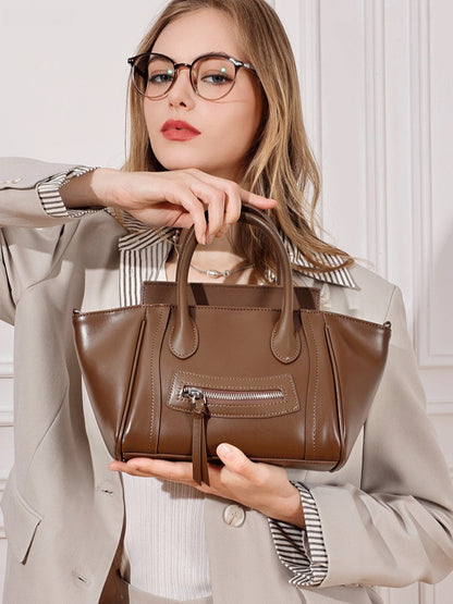Maillard Style Genuine Leather Smile Flap Satchel Crossbody Bag