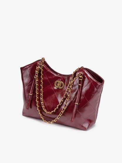 Sculpted Quilted Vegan Eco-Leather Chain Tote Bag