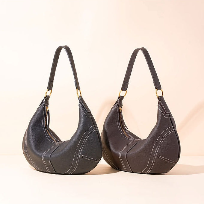 The Pebbled Genuine Leather Hobo Shoulder Bag with Contrast Stitching