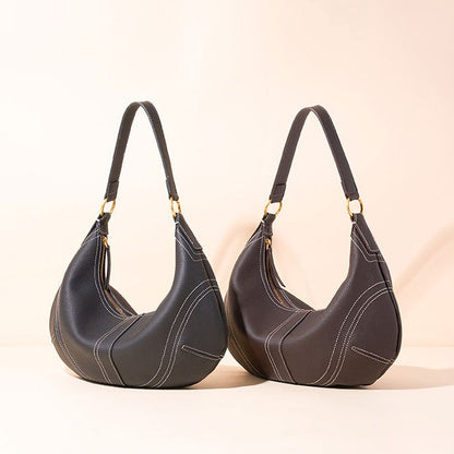 The Pebbled Genuine Leather Hobo Shoulder Bag with Contrast Stitching
