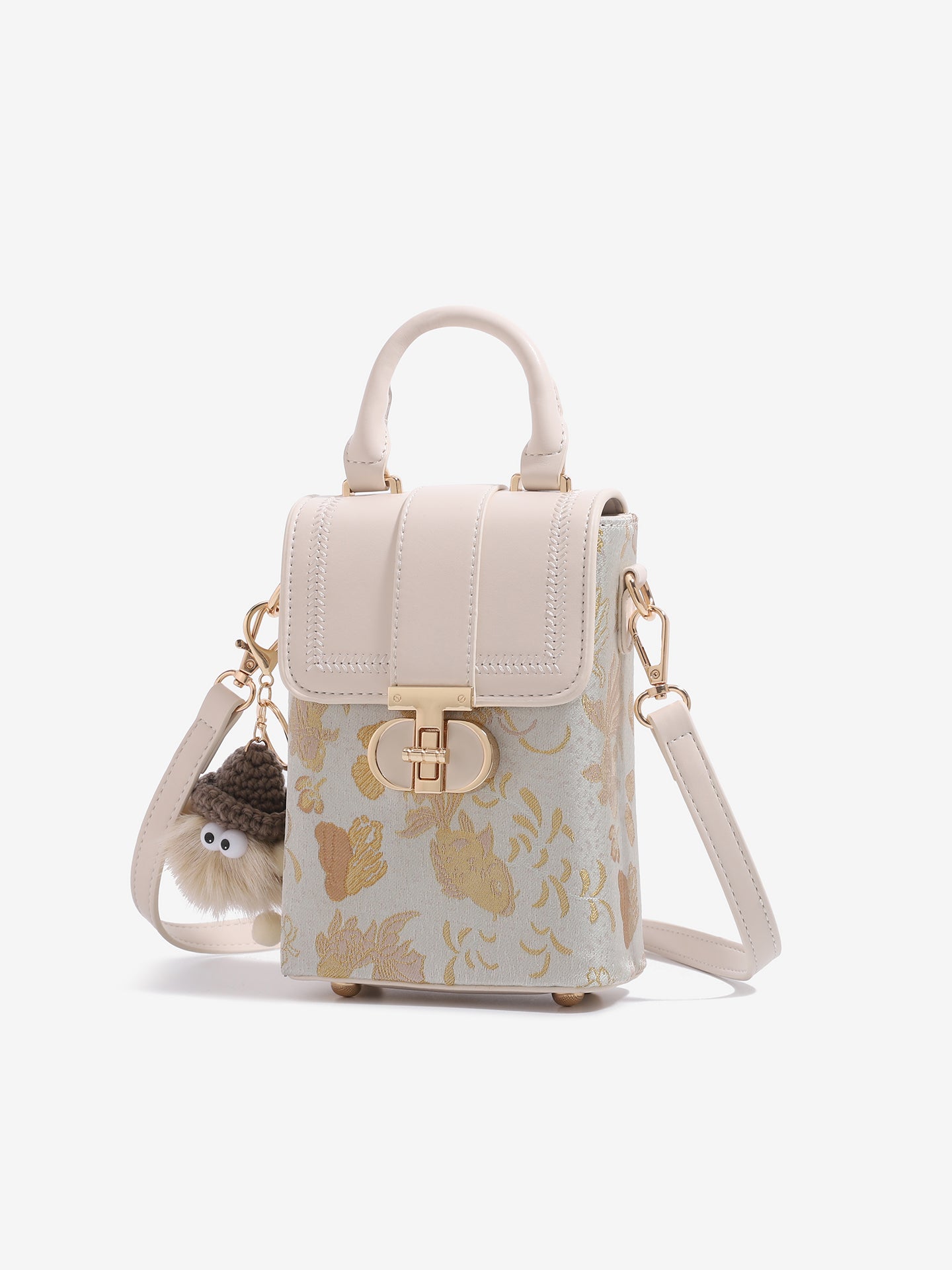 Elegant Oriental Jacquard Mini Flap Phone Clutch Bag with Furry Charm